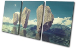 Floating Rocks Lake Surrealism Fantasy TREBLE CANVAS WALL ART Picture Print - Picture 1 of 1