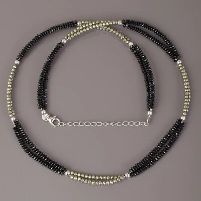 2 Filo Nera Naturale Spinello Argento Pirite Perline Bracciale Collana Combo Set - Immagine 1 di 4