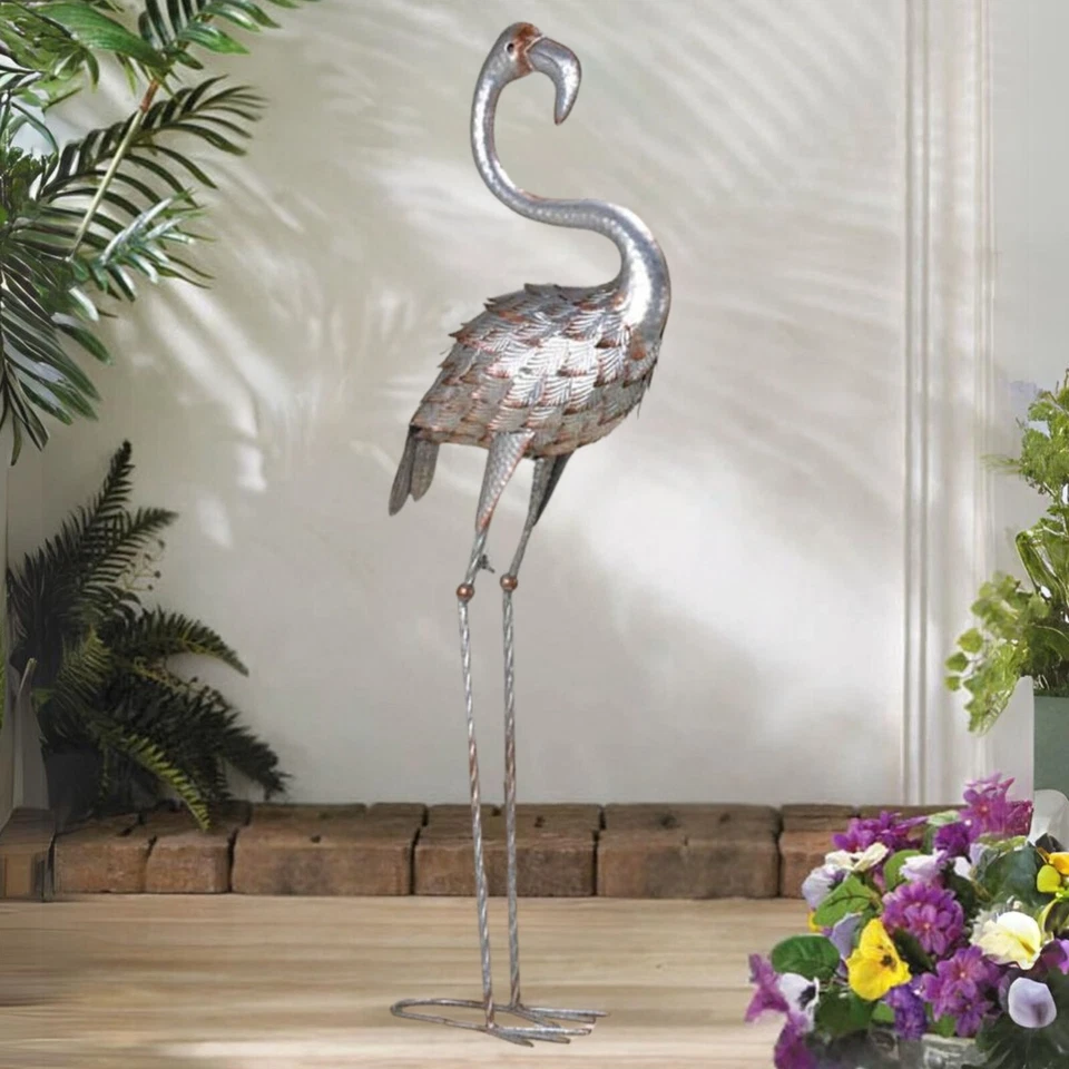 Estatua de jardín flamenco pájaro escultura hierro galvanizado decoración de patio exterior 38" H Foto 1 de 4