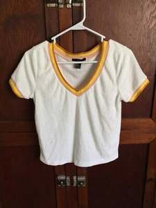 Forever 21 White V Neck Shirt Yellow Orange Pink Trim Soft Terry Size M - Bild 1 von 5