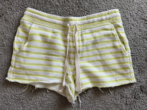 Lou & Grey French Terry Cotton Striped Shorts Lime Yellow Cream M Distressed - Picture 1 of 4