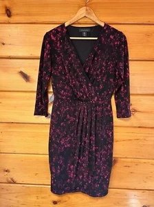 Tahari Damen schwarz rosa Blumen Wickel Größe 6 Kleid 3/4 Ärmel V-Ausschnitt gefüttert - Bild 1 von 4