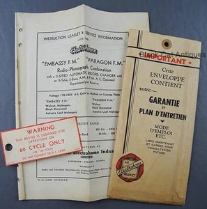 Original 1951 Electrohome Embassy F.M. Paragon F.M. Owners Instructional Manual - Picture 1 of 12