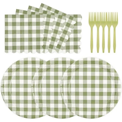 一次性鼠尾草绿色格子纸盘和餐巾套装格子格子 — 第 1/4 张图片