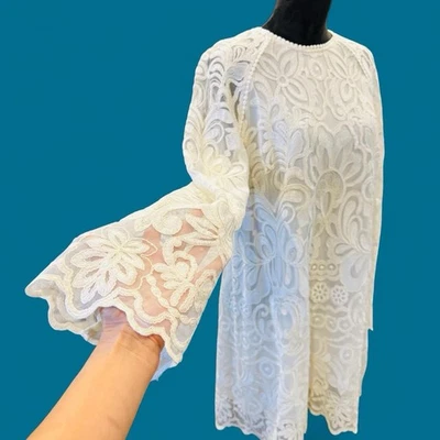 Coquette Fairy Cottage Bridal Off-White Embroidered Lace Sweet Shift Dress H&M L - Image 1 of 4