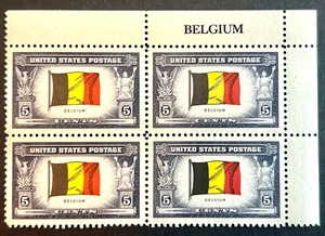 SCOTT: #914 OVERRUN COUNTRIES: FLAG OF BELGIUM 5¢ 1943 NAME BLOCK OF FOUR MNHOG - Picture 1 of 1