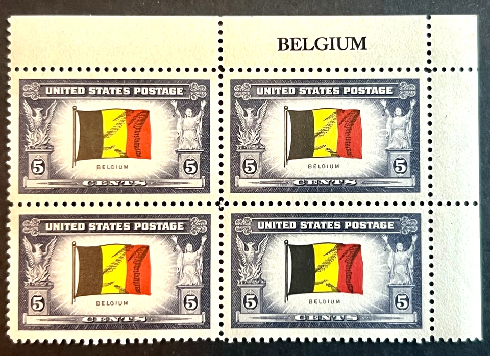 SCOTT: #914 OVERRUN COUNTRIES: FLAG OF BELGIUM 5¢ 1943 NAME BLOCK OF FOUR MNHOG - Image 1 of 1