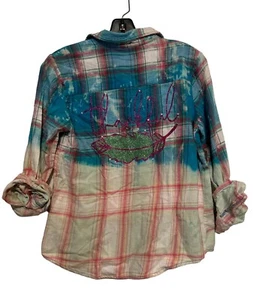 NWT Plaid Bleached Flannel Button Up Upcycled “Thankful” Size 12 Teens - Picture 1 of 3