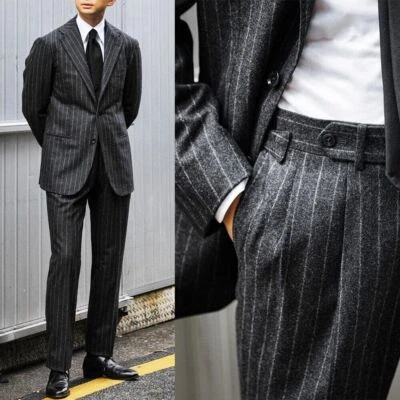 Striped Men Suits Vintage Woolen Slim Fit Wedding Groom Blazer Casual Tuxedos - Image 1 of 4
