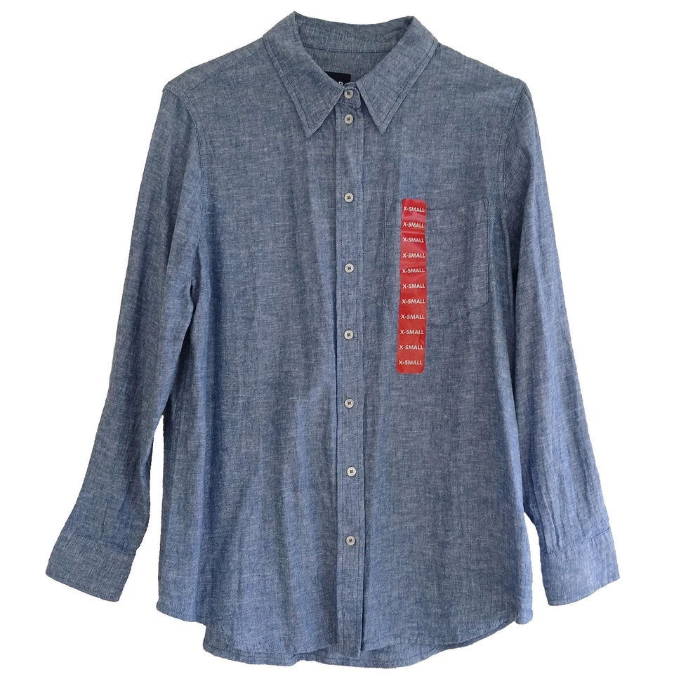 Gap Women's Linen Button Down Top Size XS Blue Crosshatch