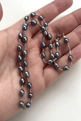 Collar Vintage Estate Plata Esterlina Metálico Gris Negro Perla Pavo Real 16" Foto 1 de 4