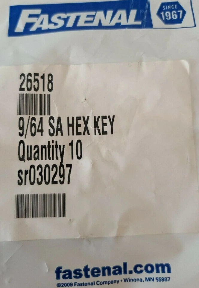 10pc Hex L-Key Allen Wrench 9/64" Short Arm- Fastenal Industrial  - Image 1 of 2