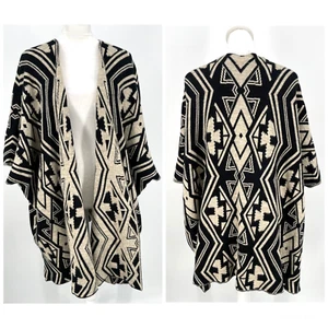 SET designer Poncho plus size 2-3X Made in Italy Womens Wool black/cream Ikat - Picture 1 of 11