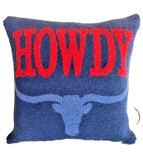 2-"Howdy" hooked tufted pillows 17 x 17, navy, red and powder blue. - Picture 1 of 5