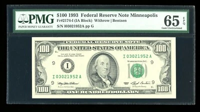 DBR 1993 $100 FRN Minneapolis Gem Fr. 2174-I PMG 65 EPQ Serial I03021952A - Image 1 of 2