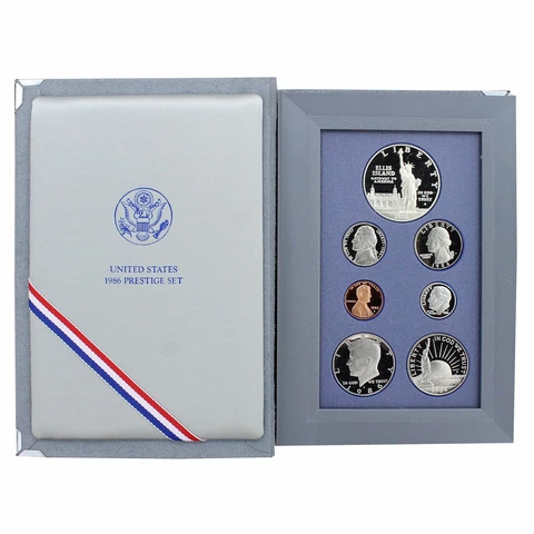 1986 S Prestige Proof Set Statue of Liberty 90% Silver Dollar 7 Coins Cover