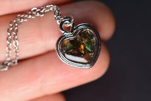 Raw Black Opal Heart Pendant Necklace in Silver Color