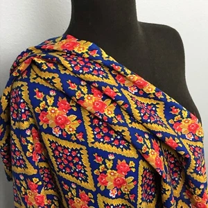 Vtg 1970s Dark Blue and Gold Harlequin with Red Roses Acrylic Fabric, BTY - Picture 1 of 4
