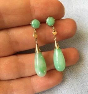 Damen Vintage Ohrring natürliche hellgrüne Jade 25 Karat Tropfen Sterlingsilber 925 - Bild 1 von 3