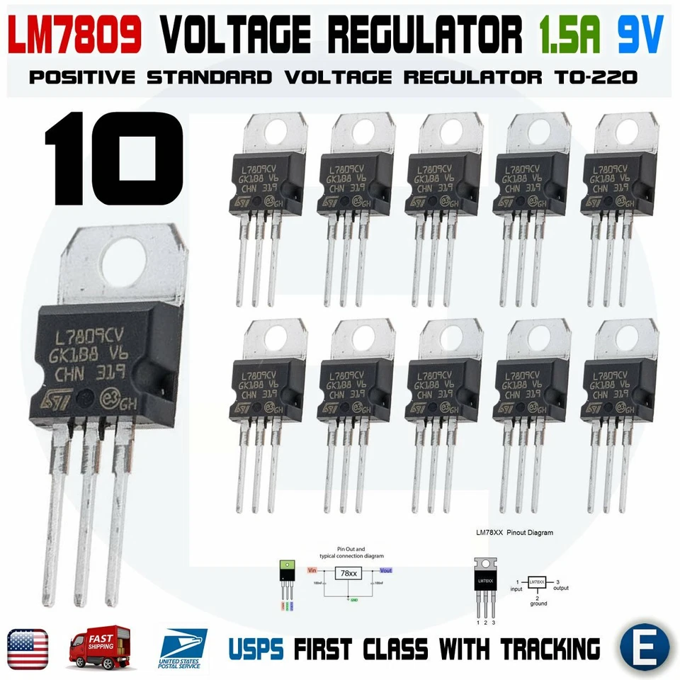 10PCS LM7809 L7809 L7809CV ST TO-220 Voltage Regulator IC 9V 1.5A - Image 1 of 1