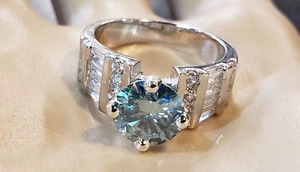 STERLING SILVER BLUE COLOR 1.53ct MOISSANITE AND CZ BEAUTIFUL RING #AR - Picture 1 of 7