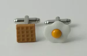 Breakfast Waffle & Fried Egg Cufflinks--Artistic Artsy Handmade Cool Foodie Chef - Picture 1 of 1
