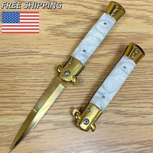 9" Tactical Gold White Spring Assisted Open Blade Folding EDC Pocket Knife Gift - Picture 1 of 5