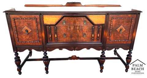 Antique Buffet Sideboard Jacobean Revival Walnut Burled Early 20th Century Cover