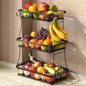 3 Tier Fruit Basket for Kitchen with 2 Banana Hangers, 3 Tier, Black - Picture 1 of 7
