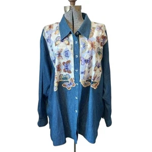 Camicia Quacker Factory 3X cotone denim colletto manica lunga farfalla bottoni - Foto 1 di 12