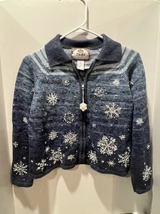 Tiara Vintage Petites Medium Snowflake Cardigan Sweater Pearls Zipper Front - Picture 1 of 11