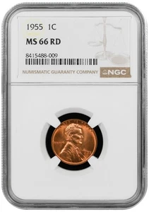 1955 Lincoln cent graded by NGC MS 66 RD - Picture 1 of 2