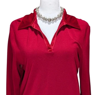 Lauren Ralph Lauren女式红色天鹅绒袖口领V领长袖针织上衣M — 第 1/4 张图片