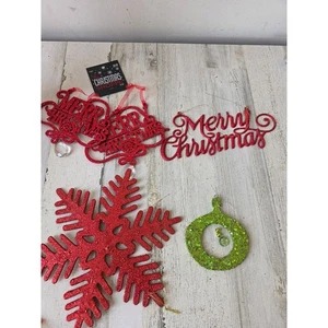 Glitzer Weihnachtsschmuck Hängedeko rot grün Frohe Schneeflocke Set - Bild 1 von 7