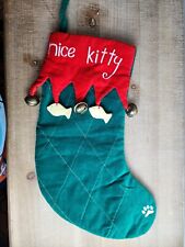 Nice Kitty Cat Paw Christmas Stocking Holiday Velvet - Red Green Fish Bells