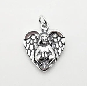 Sterling Silver Angel In Prayer Heart Charm - Picture 1 of 2