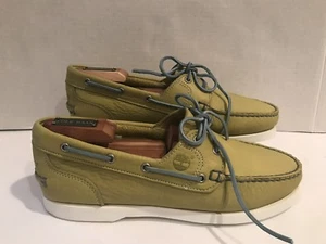 Timberland Women Leather Shoes 2-Eye Boat Lace Up Loafers Slipper Moccasin Olive - Picture 1 of 10