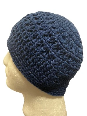 Mens TEEN Crochet SKI Hat Beanie USA Handmade Brand New-cap-NAVY BLUE-L - Image 1 of 4