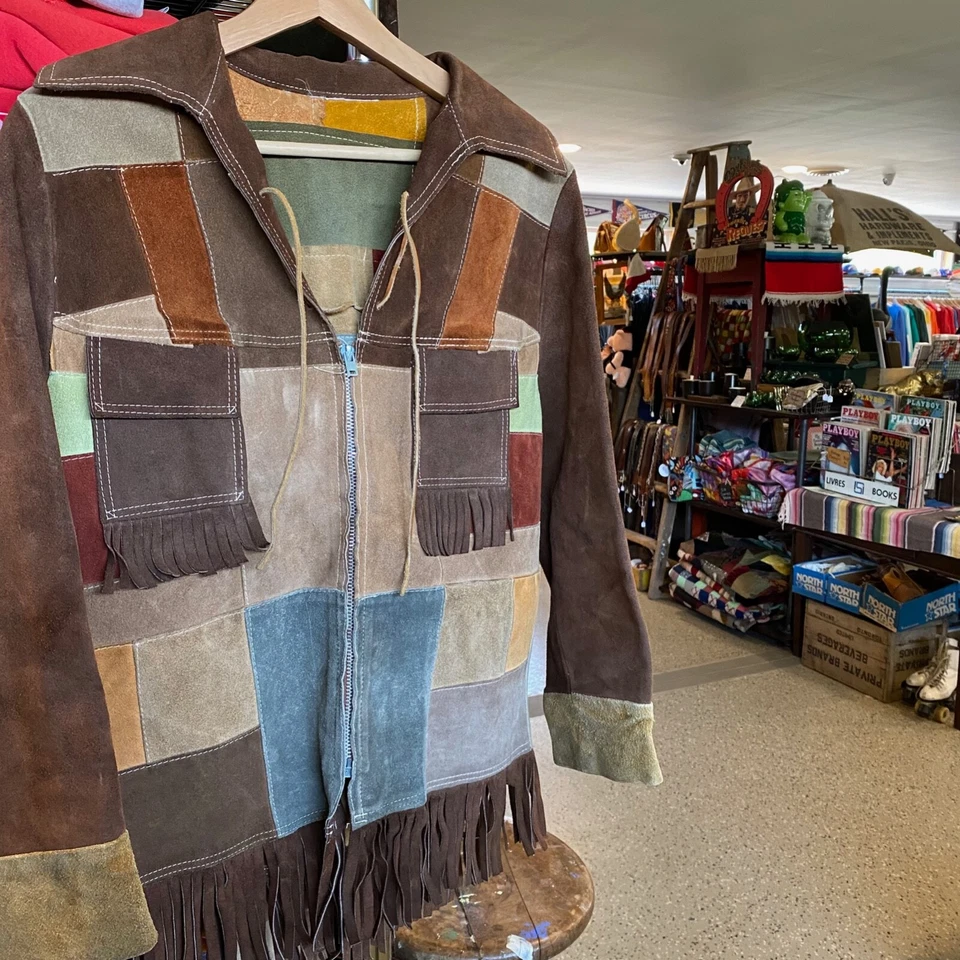 1960s Vintage SUEDE Patchwork Jacket Retro Leather Fringe Coat Hippy Boho - Image 1 of 4