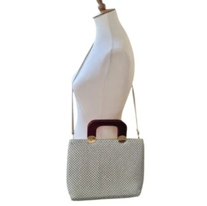 Vintage 1960's Cream Metal Mesh Satchel Shoulder Bag Brown Lucite Handles - Picture 1 of 5