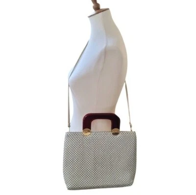 Винтажный 1960-х кремовый металлический сетки сумка наплечная сумка коричневый Lucite ручки - Изображение 1 из 4