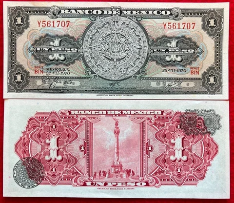 1970 Mexico 1 Un Peso AZTEC Mexican banknote billete SERIE BIN PREFIX Y UNC Cover