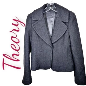 Theory Black Tweed Snap Front Wool Blazer Jacket, Size 6 - Picture 1 of 10