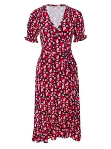 REVIEW Womens Navy Pink Red Love Heart Jersey Wrap Short Sleeve Dress Size 12 - Picture 1 of 13