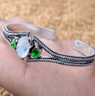 Антикварный браслет-манжета из стерлингового серебра 925 пробы с радужным лунным камнем и диопсидом - Изображение 1 из 4