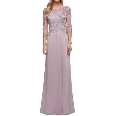 NEW La Femme Floral Appliqué Jersey Column Gown Wedding 16 Light Mauve 29251 - Image 1 of 4