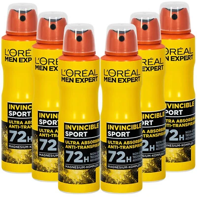 L'ORÉAL 6x 150ml Loreal Men Expert Invincible Sport Anti Transpirant Spray 72H Non Stop
