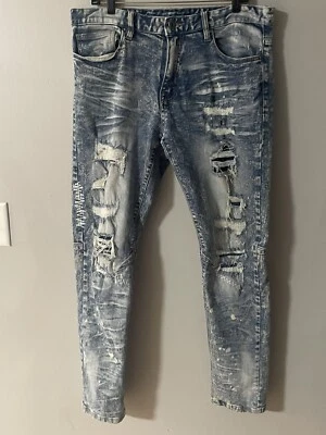 Pantalones de mezclilla para hombre Smoke Rise 34x32 azul desgastado lavado ácido salpicaduras de pintura Foto 1 de 4