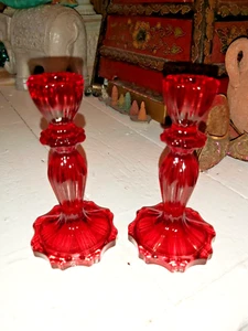 SET OF "TWO" RED GLASS CANDLE HOLDERS - Picture 1 of 9