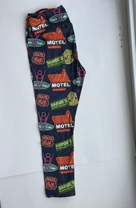 NWT Ambrie Disneyland Cars Land Route 66 Capri Leggings Sz OS Black Neon Signs - Picture 1 of 8